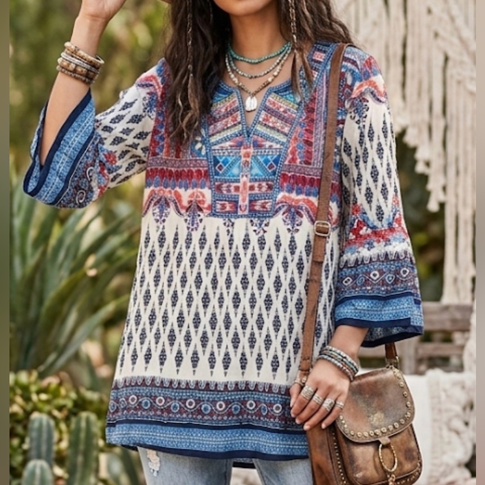 Caleasa Navy Blue Embroidered V-Neck Ikat Floral Boho Tunic Top Large